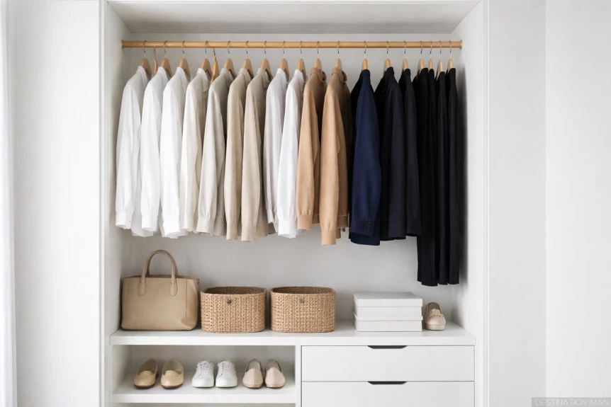 Minimalist organized capsule wardrobe closet neutral 1200