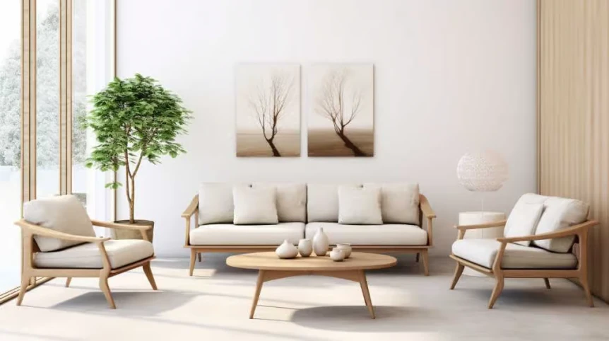 Light wood Scandinavian living room with beige sofa, armchairs, indoor plant and minimalist decor