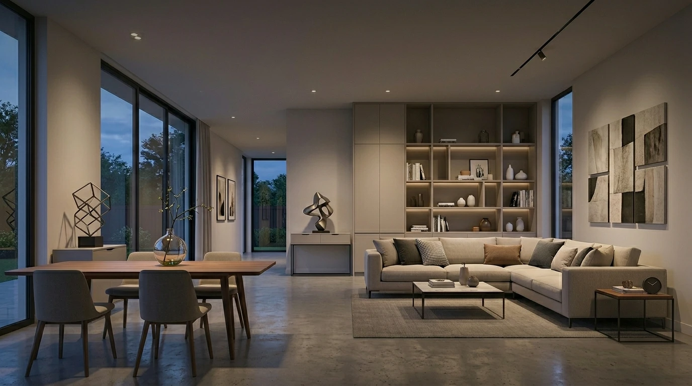 Modern open-concept living room with gray sofas, dining table, and floor-to-ceiling windows at dusk