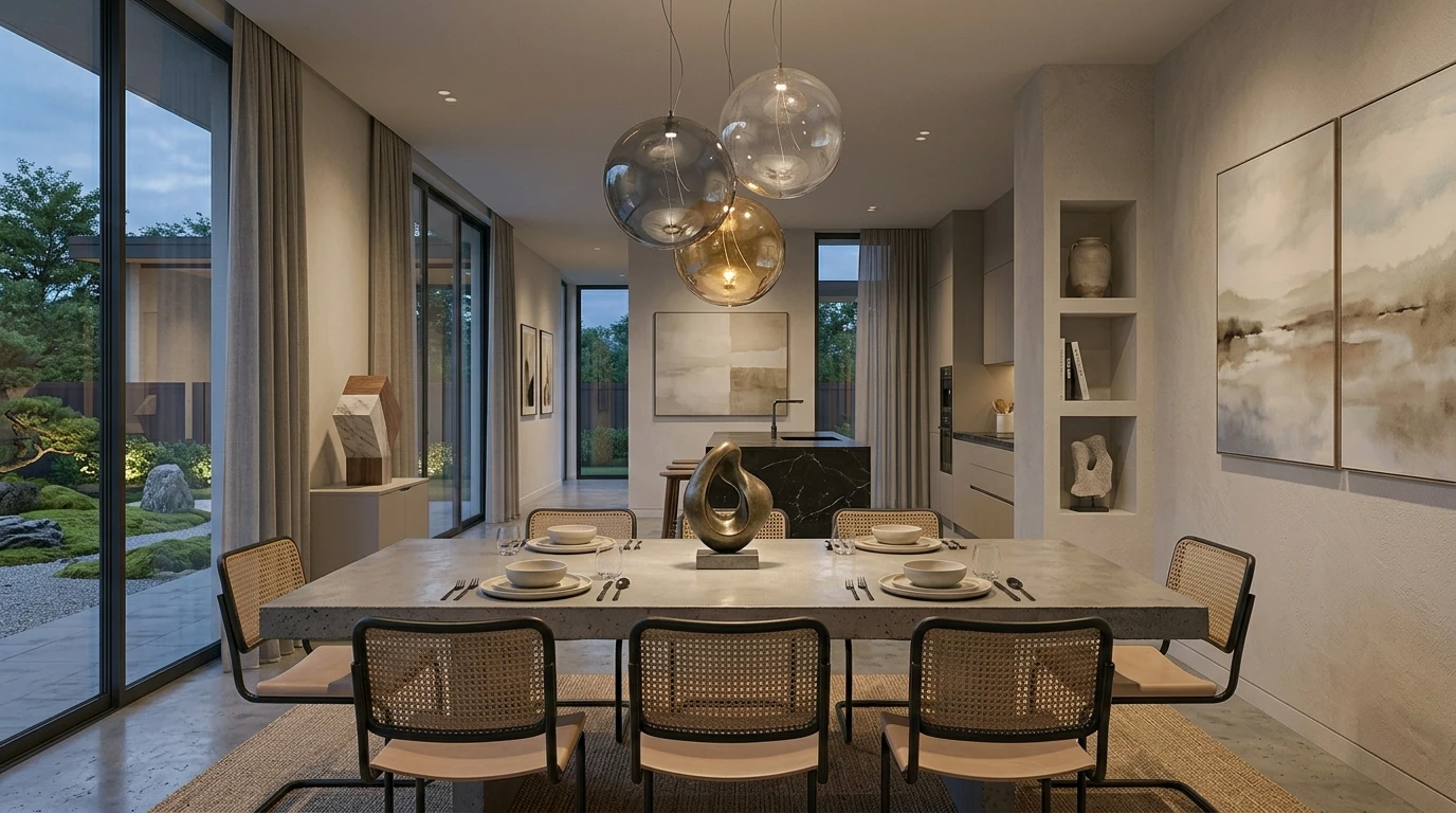 Modern dining room with glass bubble chandelier, neutral tones, and floor-to-ceiling windows overlooking garden