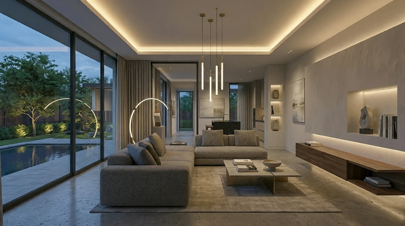 Modern luxury living room with ambient ceiling lighting, floor-to-ceiling windows, and contemporary furniture