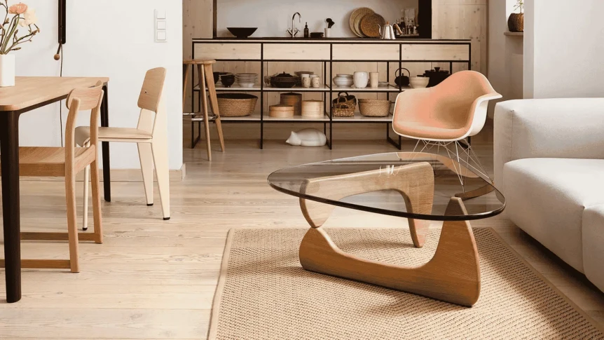 Modern living room with a cozy vibe featuring a pink chair glasstop coffee table and light wood furniture.png