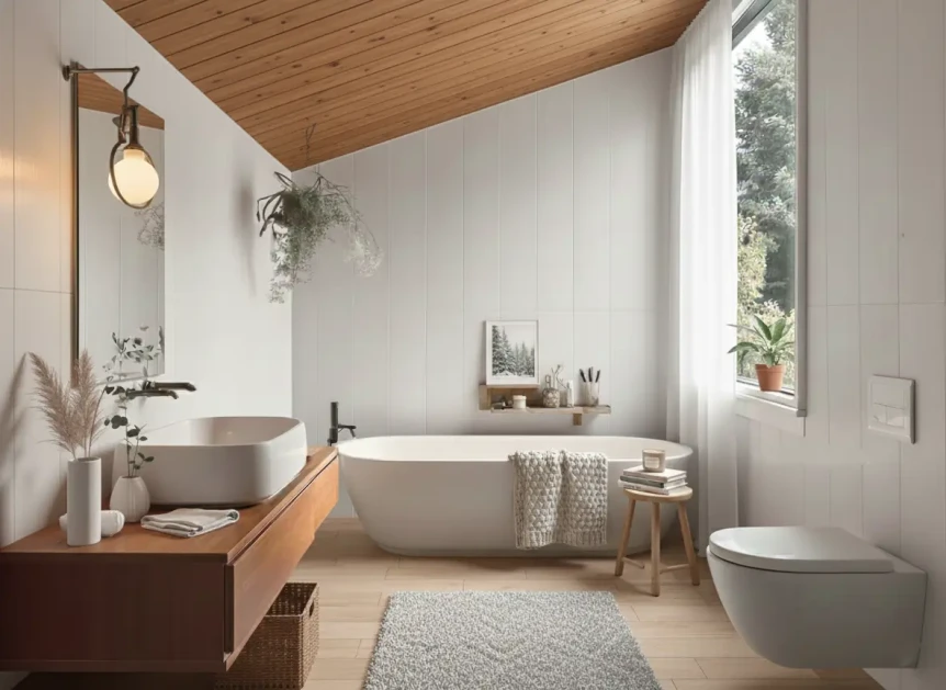 Modern scandinavian bathroom warm minimalism wood ceiling