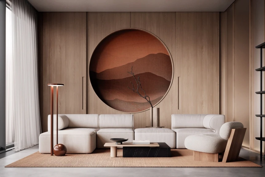 Minimalist Japandi living room with circular wood art, neutral tones, and low furniture creating serene atmosphere