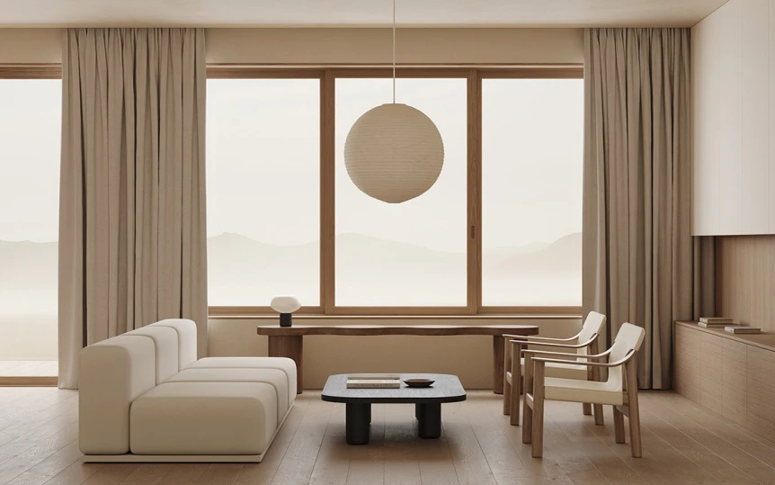 Japandi living room with neutral tones, natural wood furniture, minimalist decor, and large windows with soft drapes