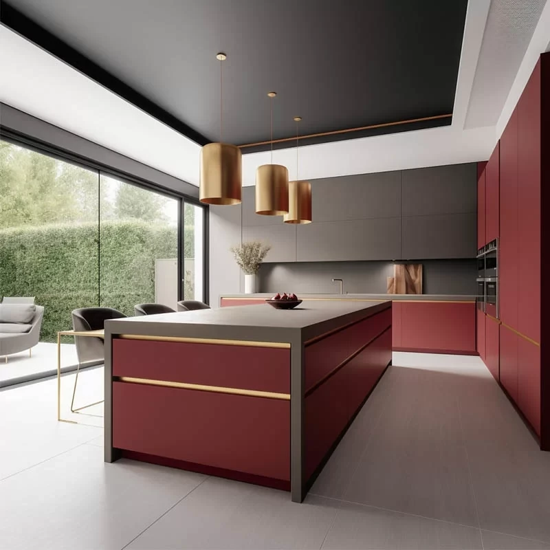 Red handleless kitchen cabinets