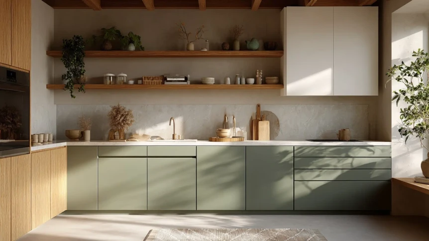 Modern Japandi kitchen with sage green cabinets, natural wood accents, and minimalist open shelving design