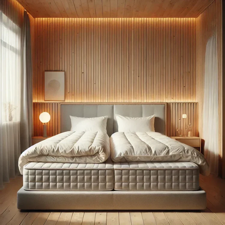 Cozy Scandinavian bedroom with wood paneling, warm lighting, white bedding, and modern minimalist design