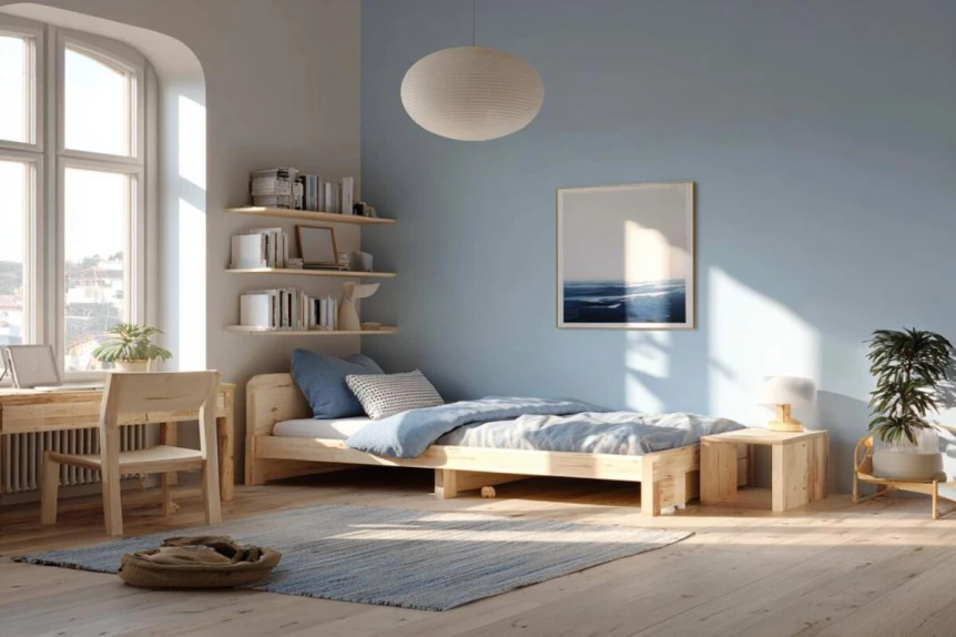 Scandinavian light blue wall paint design for kids bedroom img