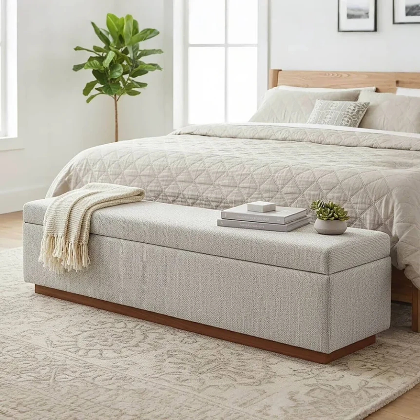 Modern upholstered storage bench with lift-top in light gray fabric at foot of bed in contemporary bedroom