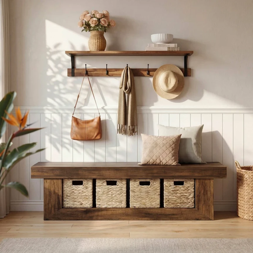Modern wooden storage bench with woven baskets below coat hooks and hat on white wainscoting wall in bright entryway