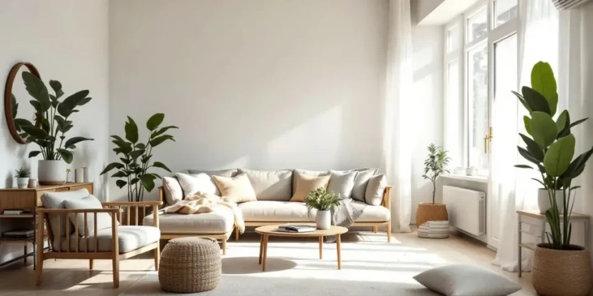 Bright Scandinavian living room with neutral sofa, indoor plants, natural light, and minimalist decor