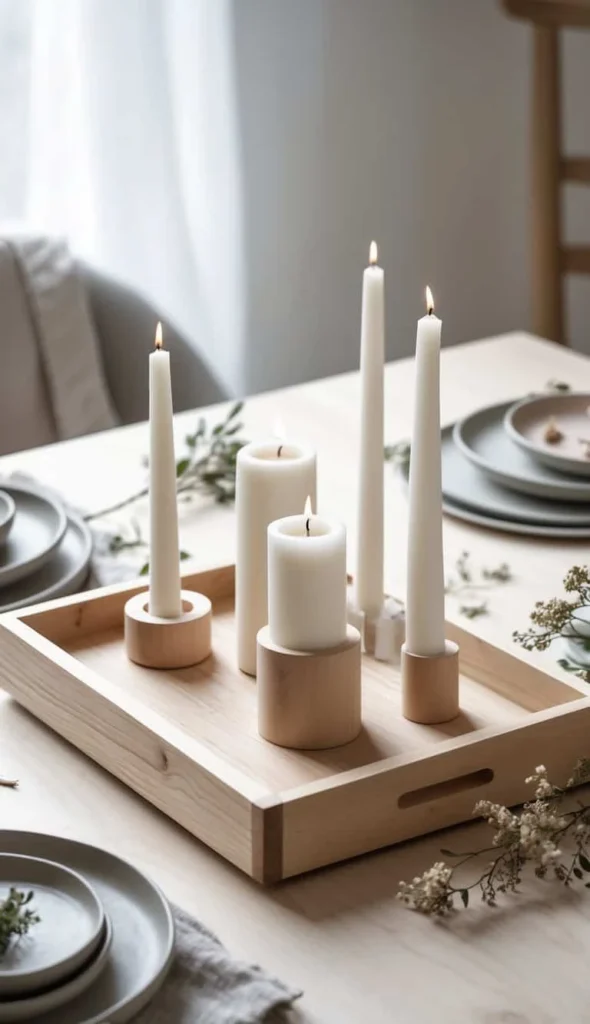 Minimalist Scandinavian table centerpiece with white candles in wooden holders on neutral dining table setting