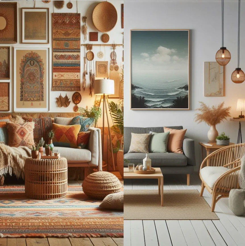 Scandi boho living room with ocean painting, rattan furniture, earth-tone textiles, and gallery wall decor