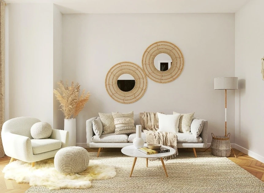 White scandinavian style living room with boho accents