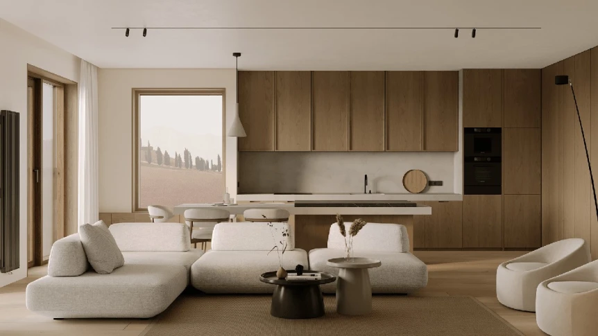 Minimalist Japandi living room with neutral tones, wooden kitchen, cream sofa, and natural light