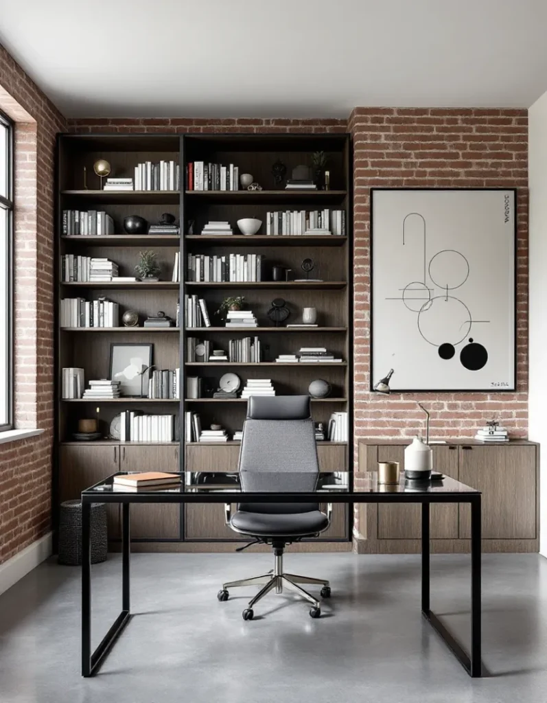 Industrial home office with exposed brick wall, dark metal shelving, glass desk, and modern ergonomic chair