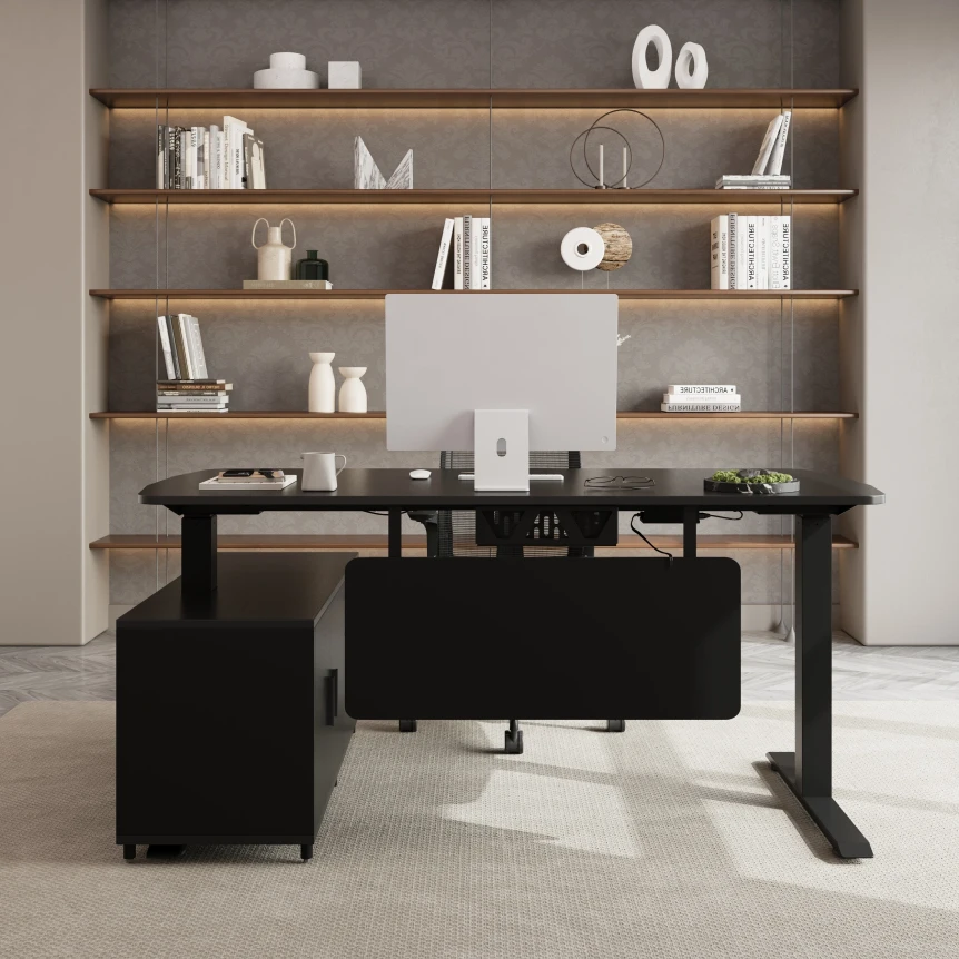 Modern home office with a black desk, matching task chair, and a wooden shelving unit displaying a small group of minimalist objects