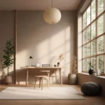 Japandi home office with wooden desk, natural light from large windows, and neutral earth tone decor