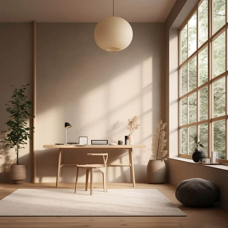 Japandi home office with a wooden desk, natural light from large windows, ceramic vessels on a shelf, and a neutral earth tone palette