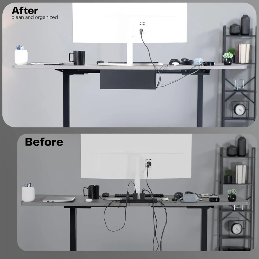 Before and after of a modern home office desk: tangled cables on the left, organized cable tray and hidden wires on the right