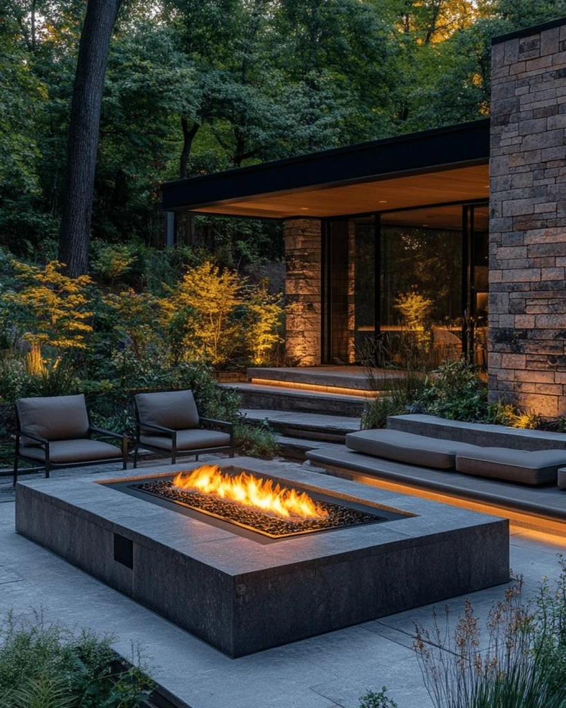 Modern rectangular fire pit on concrete patio with contemporary home and landscaped seating area at dusk