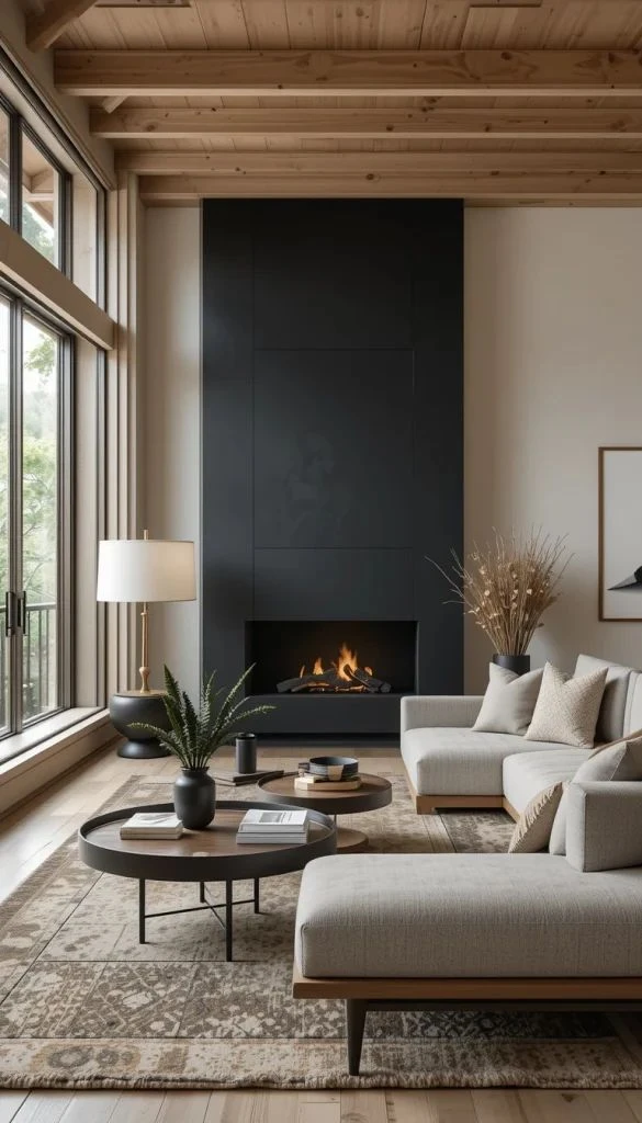 Modern living room with black accent wall, neutral furniture, fireplace, and natural wood ceiling beams