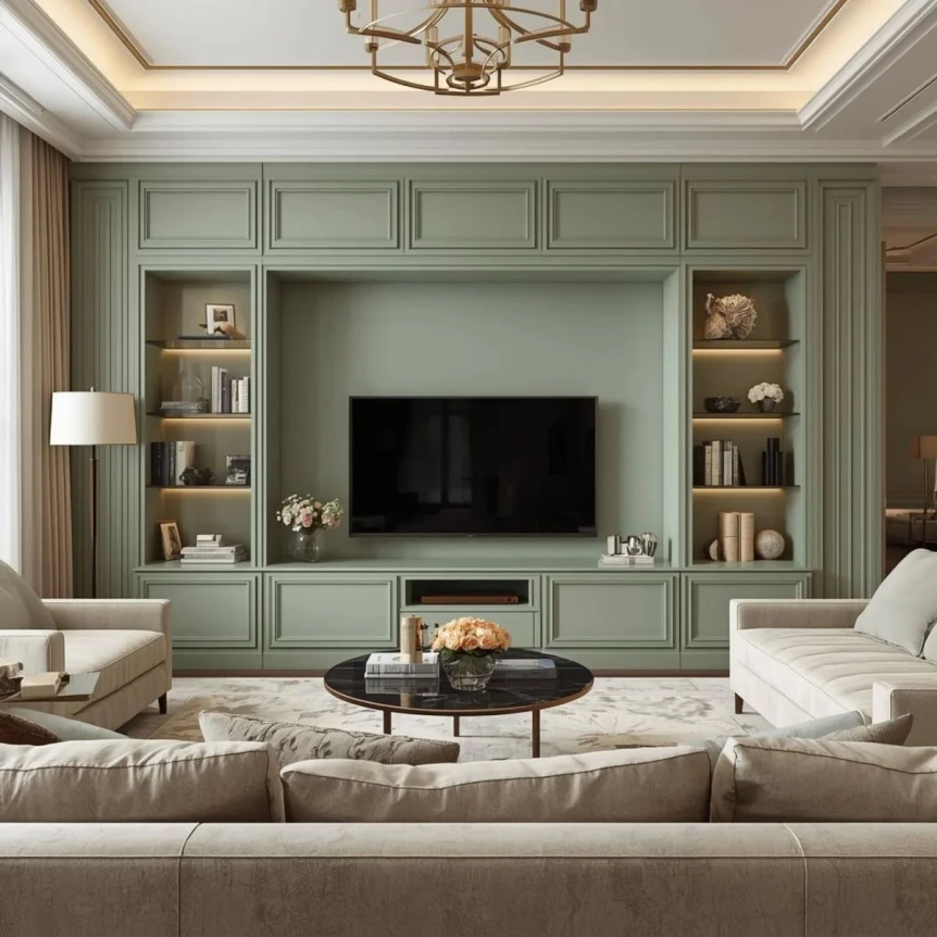 Sage green built-in entertainment center with shelving in elegant living room with neutral furniture