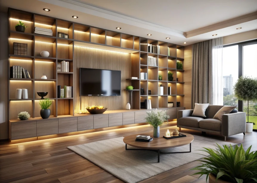 Modern living room with illuminated wooden bookshelf wall unit, gray sofa, and minimalist decor