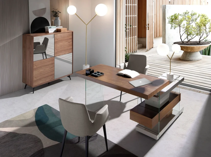 Modern Japandi home office with wooden desk, minimalist furniture, and natural light creating calm workspace