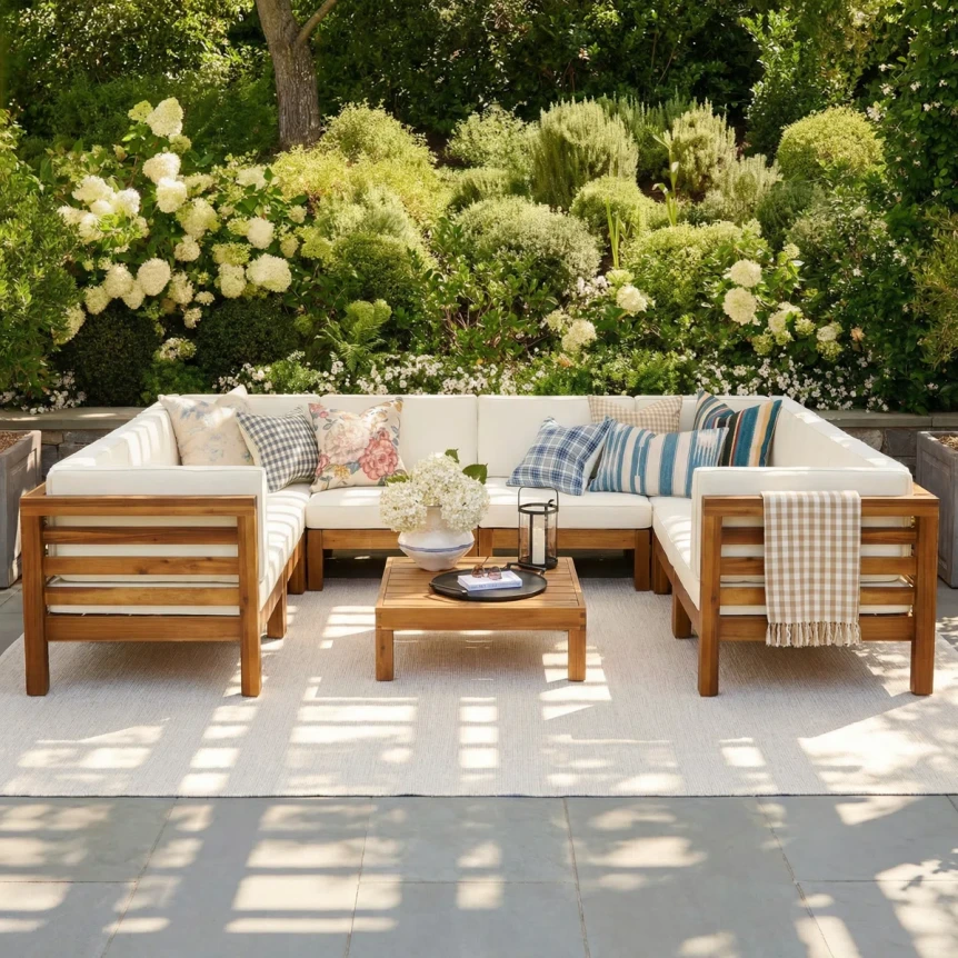 Outdoor wooden sectional sofa set with white cushions on sunny patio with lush greenery backdrop