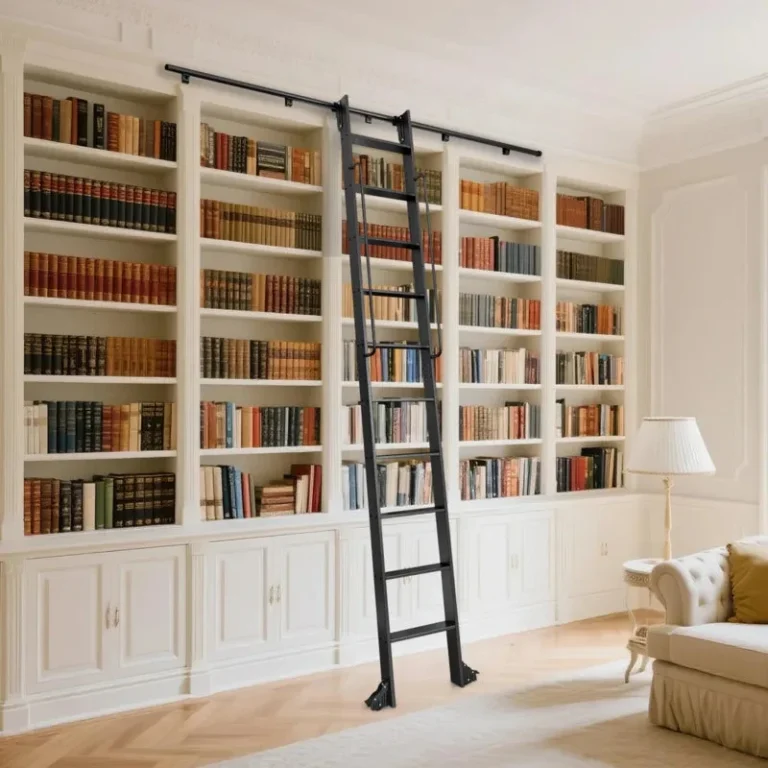 Floor-to-ceiling white built-in bookshelves with rolling ladder filled with colorful book collection