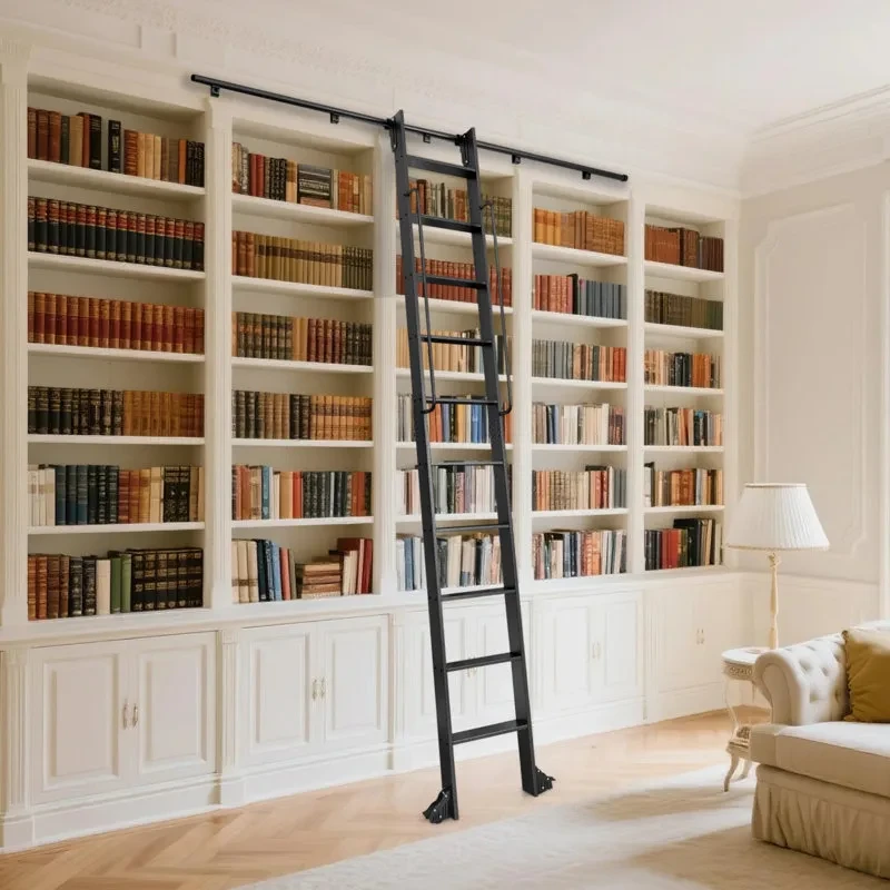 Floor-to-ceiling white built-in bookshelves with rolling ladder filled with colorful book collection