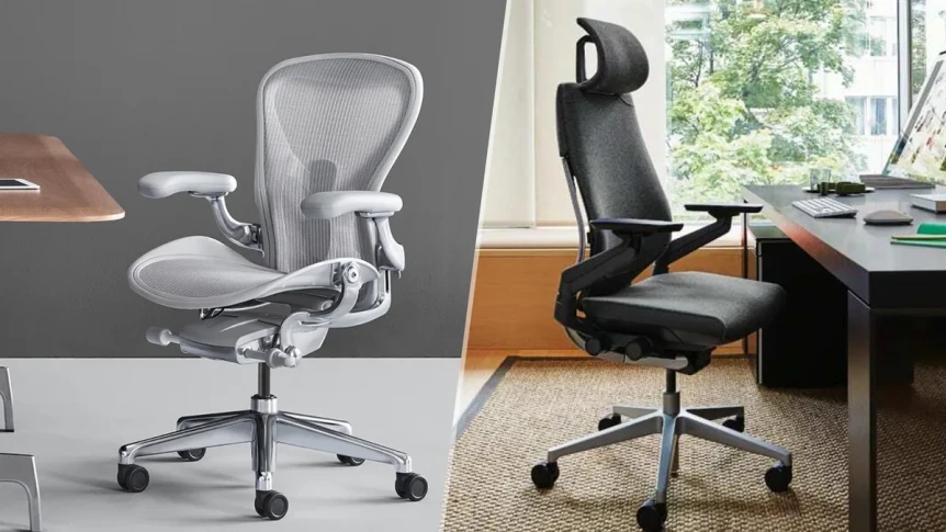 Two ergonomic office chairs side by side, a gray mesh task chair and a black upholstered executive chair, in modern home office settings