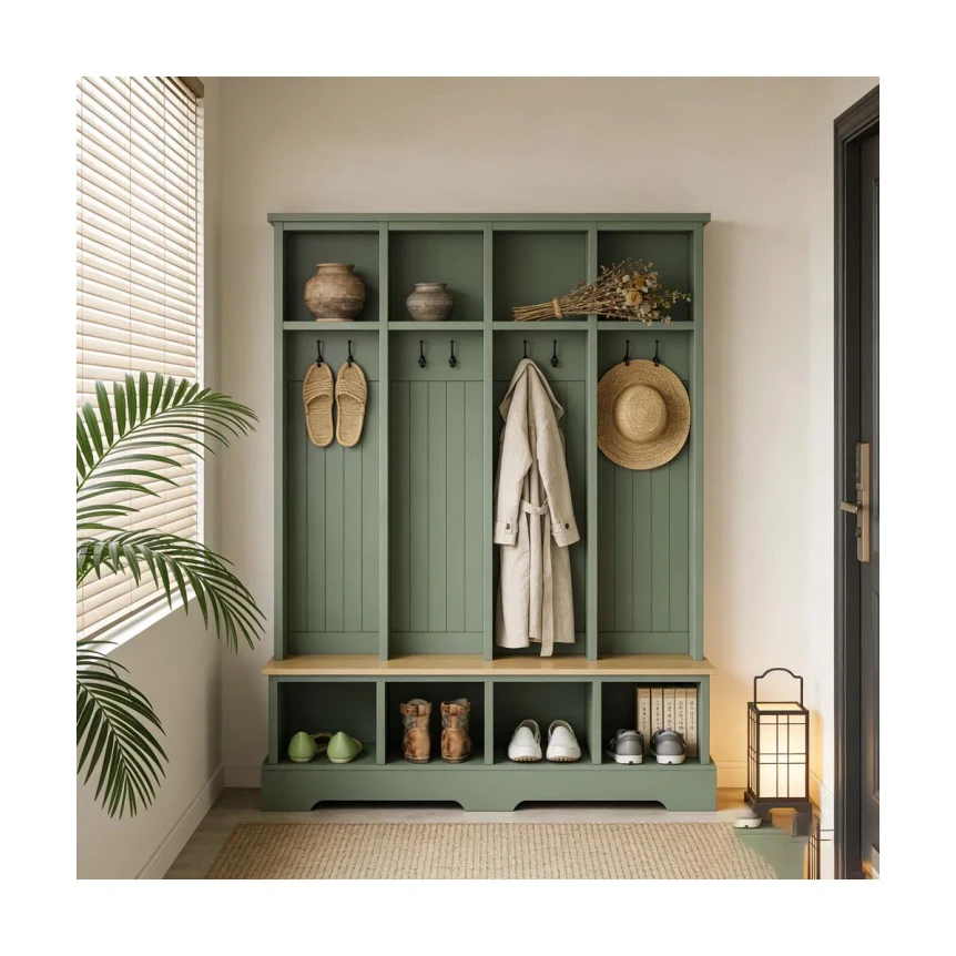 Hall tree with sage green cubbies, wooden bench, storage compartments, and hanging hooks for entryway organization