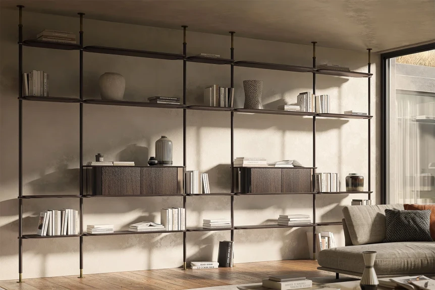 Modern minimalist bookshelf with glass shelves, black metal frame, and curated decor in contemporary living room