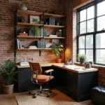 Industrial Home Office featuring exposed brick metal fixtures open floor plan interior design ideas and inspiration 1