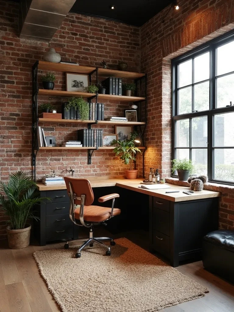 Industrial Home Office featuring exposed brick metal fixtures open floor plan interior design ideas and inspiration 1