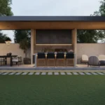 Outdoor kitchen and lounge with large format tile flooring bar seating dining area pendant light and modern pergola 1