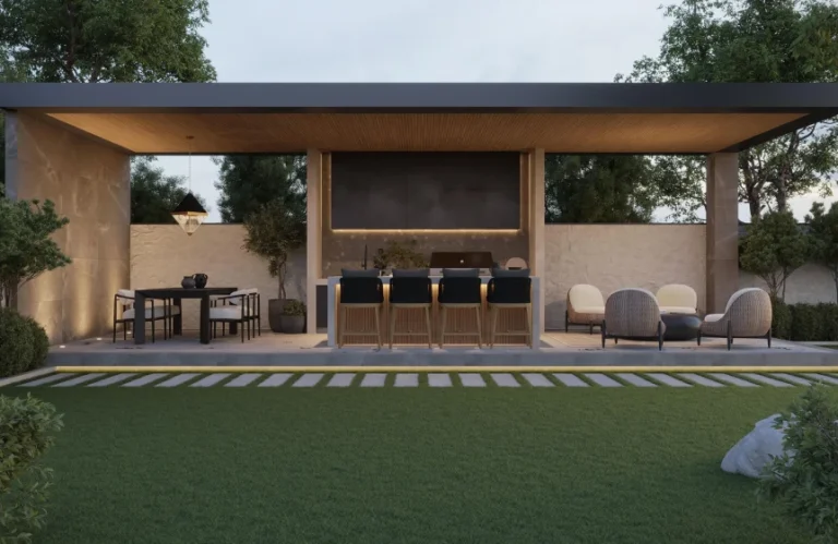 Outdoor kitchen and lounge with large format tile flooring bar seating dining area pendant light and modern pergola 1