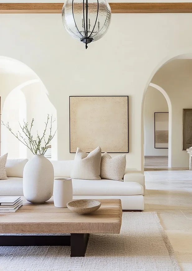 Neutral living room with beige walls, white sectional sofa, wooden coffee table, and arched doorways
