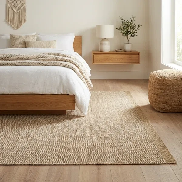 Minimalist bedroom with jute rug, wooden bed frame, floating nightstand and neutral bedding creating calm elegant space