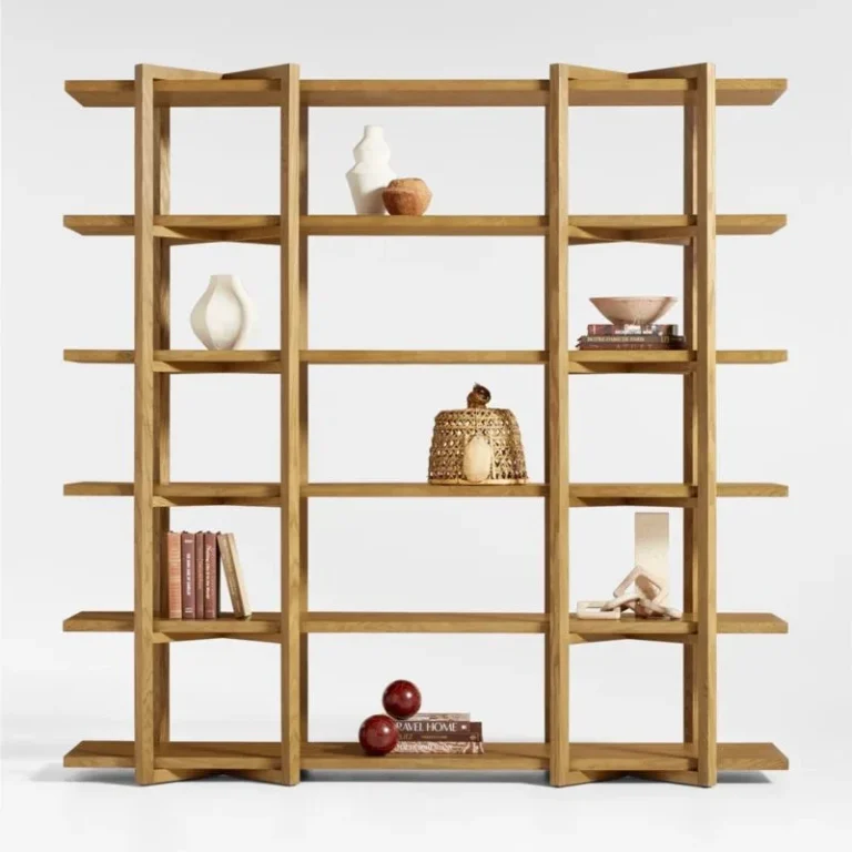 Large wooden open shelving unit with decorative objects and books displayed on multiple horizontal shelves