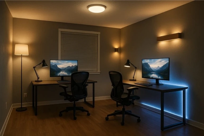 Modern shared home office with layered lighting: ambient ceiling fixture, articulating desk lamps over each workstation, and a wall sconce above the credenza