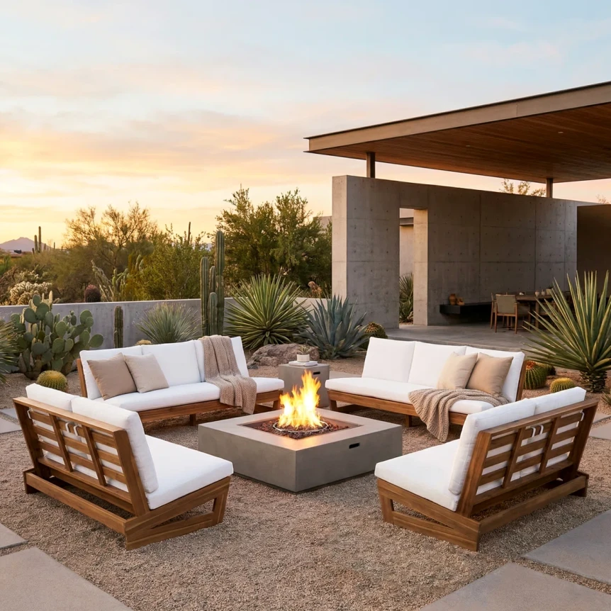 Modern desert patio with wooden furniture, white cushions, fire pit, and covered seating area at sunset