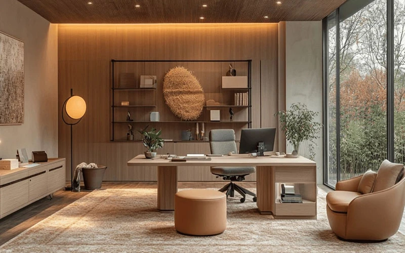Modern home office in a calm neutral palette with a simple light wood desk, a single task lamp, and minimal styling on the work surface