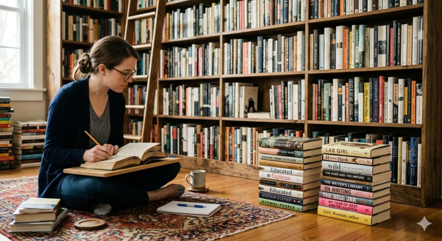 Woman sitting cross-legged reading among stacks of books in front of floor-to-ceiling bookshelves in home library