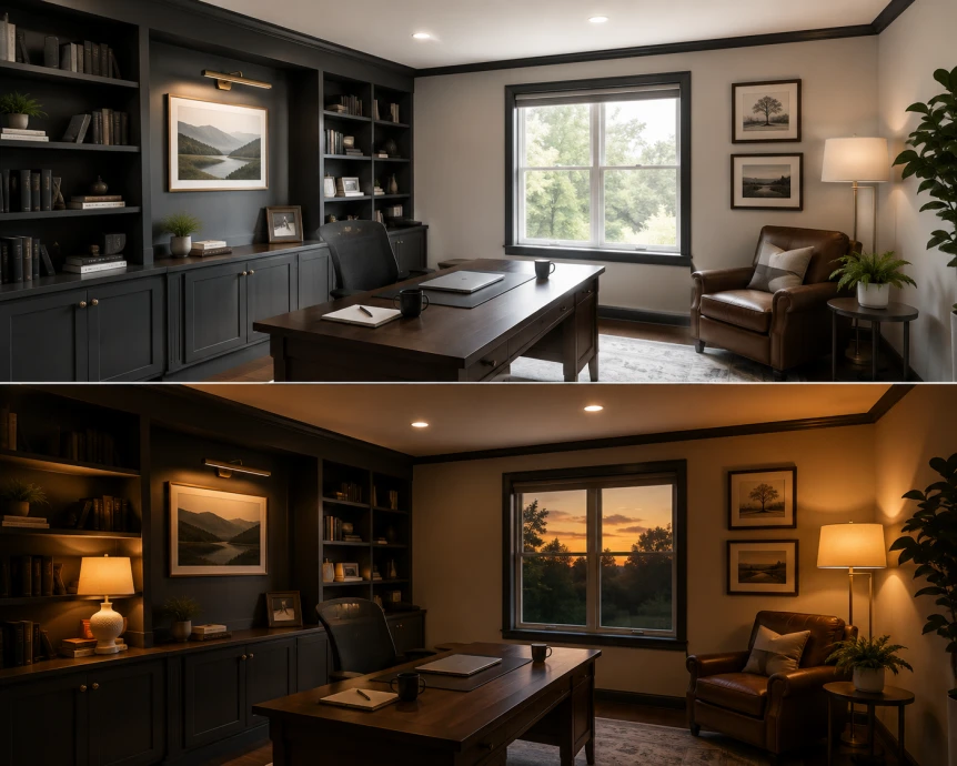 Side by side comparison of a home office in natural daylight and the same room with layered ambient, task, and accent lighting after sunset