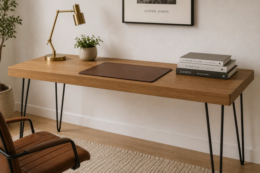 Modern wooden desk with black hairpin legs and desk pad in minimalist home office setup