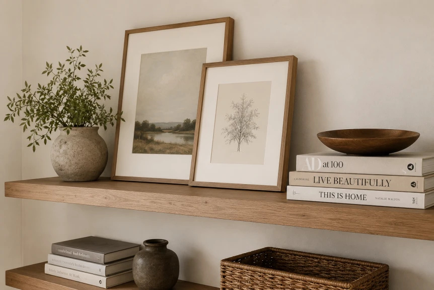 Minimalist wooden floating shelves decorated with framed art, books, woven baskets, and ceramic vase with greenery
